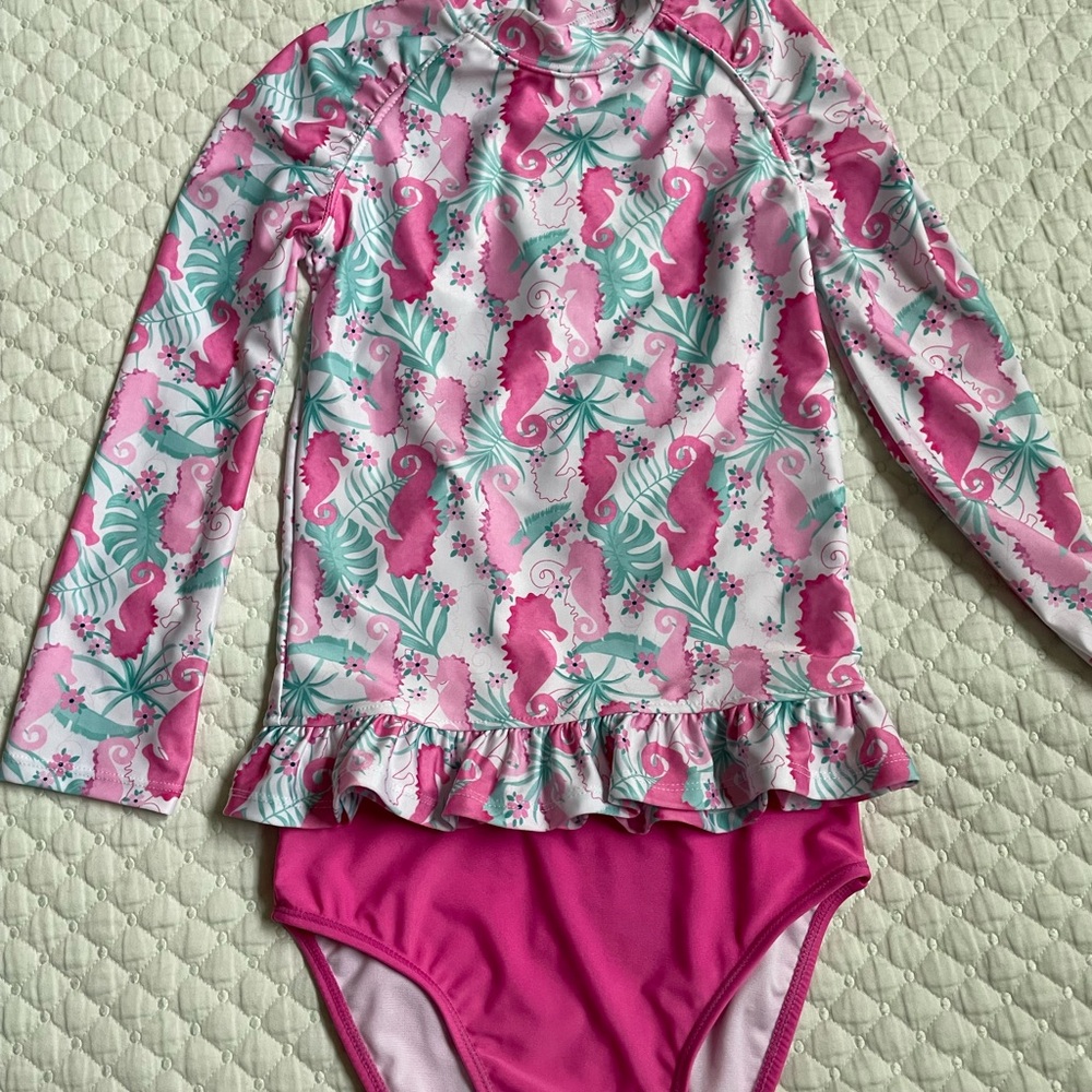 Flap Happy Pink and Green Seahorse Rashguard Set